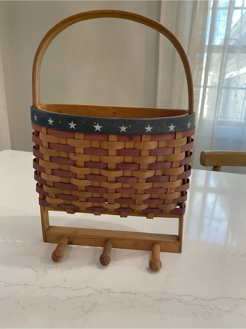Patriotic Woven Hanging Basket with Hooks - Red and Natural